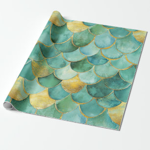Papel De Presente Padrão de Aqua Sereia de Escala de Água Dourada
