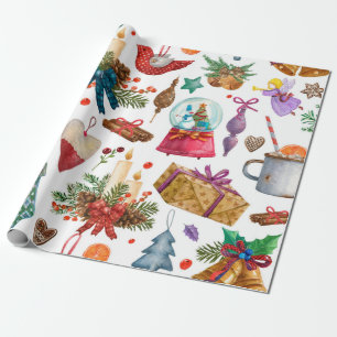 Papel De Presente Padrão de Aquarela com ornamento de Natais vintag