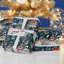 Papel De Presente Padrão de Aquarela da Casa de Natal