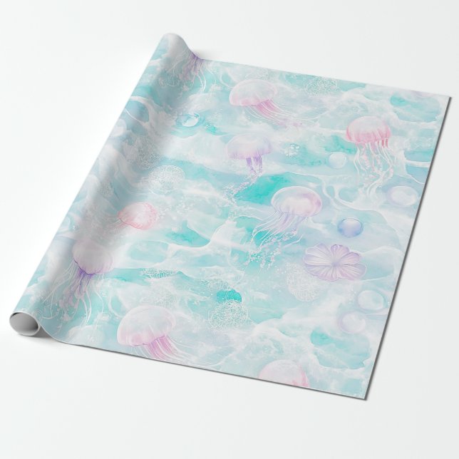 Papel De Presente Padrão de Aquarela de Água-viva Costeira (Desenrolado)