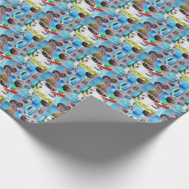 Papel De Presente Padrão de Aquarela de Café Azul (Ponta)