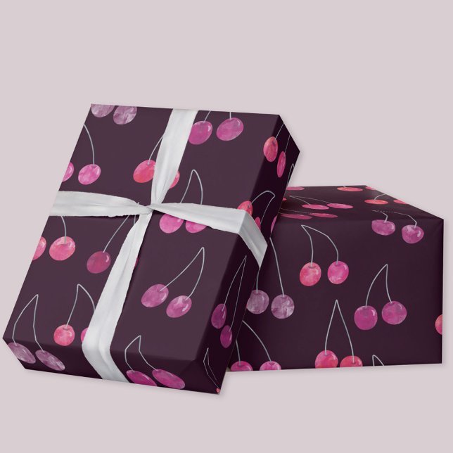 Papel De Presente Padrão de Aquarela de Cereja (Watercolor cherries pattern gift wrapping paper roll)