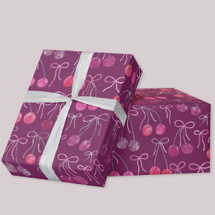Papel De Presente Padrão de Aquarela de Cerejas com Fitas e Laços