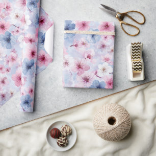 Papel De Presente Padrão de aquarela de cerejeira rosa azul pastel d