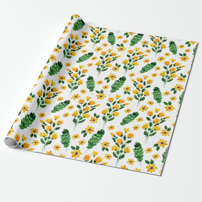 Papel De Presente Padrão de Aquarela de Flor de Jardim Amarelo (Desenrolado)