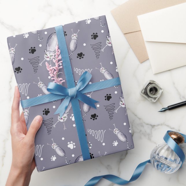 Papel De Presente Padrão De Aquarela De Gatos E Patas (Presentear)