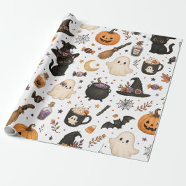 Papel De Presente Padrão de aquarela de Halloween fofo com gatos pre