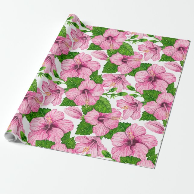 Papel De Presente Padrão de aquarela de hibisco rosa (Desenrolado)