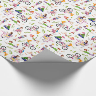 Papel De Presente Padrão de Aquarela de Meninas Ocupadas