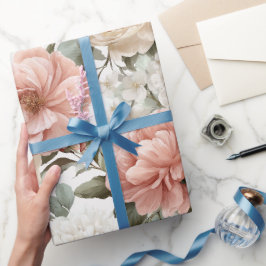 Papel De Presente Padrão de Aquarela de Peônia com Rosa Pastel Moder