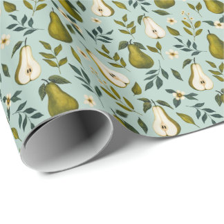Papel De Presente Padrão de Aquarela de Pera Verde em Azul Empoeirad