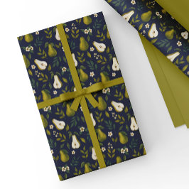Papel De Presente Padrão de Aquarela de Pera Verde em Azul Escuro