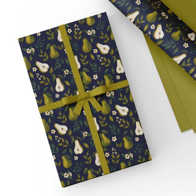 Papel De Presente Padrão de Aquarela de Pera Verde em Azul Escuro (Criador carregado)