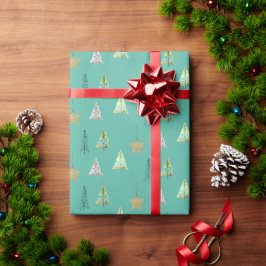 Papel De Presente Padrão de Aquarela de Pinheiro de Natal Turquesa