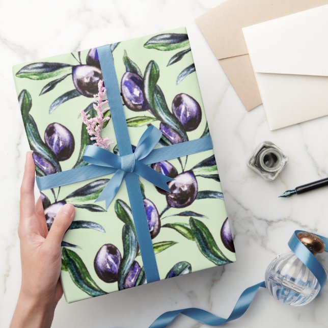 Papel De Presente Padrão de Aquarela de Ramo de Oliveira  (Presentear)