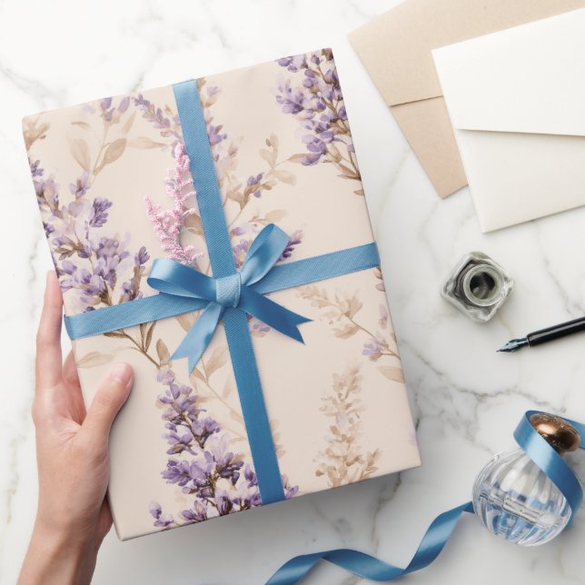 Papel De Presente Padrão de Aquarela Flor de Lavanda Bege Clássico (Presentear)