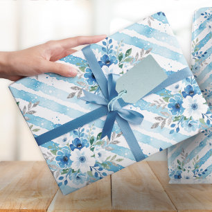 Papel De Presente Padrão de Aquarela Floral Azul Elegante