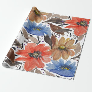 Papel De Presente Padrão de Aquarela Floral Azul Pastel Terracotta