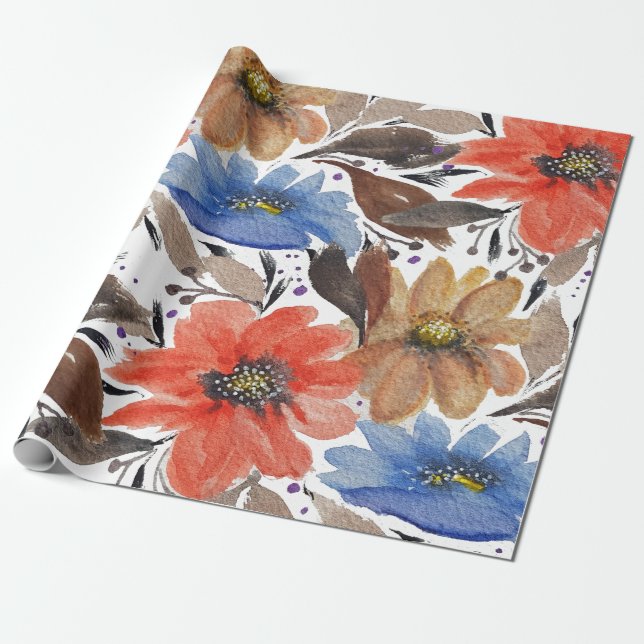 Papel De Presente Padrão de Aquarela Floral Azul Pastel Terracotta (Desenrolado)