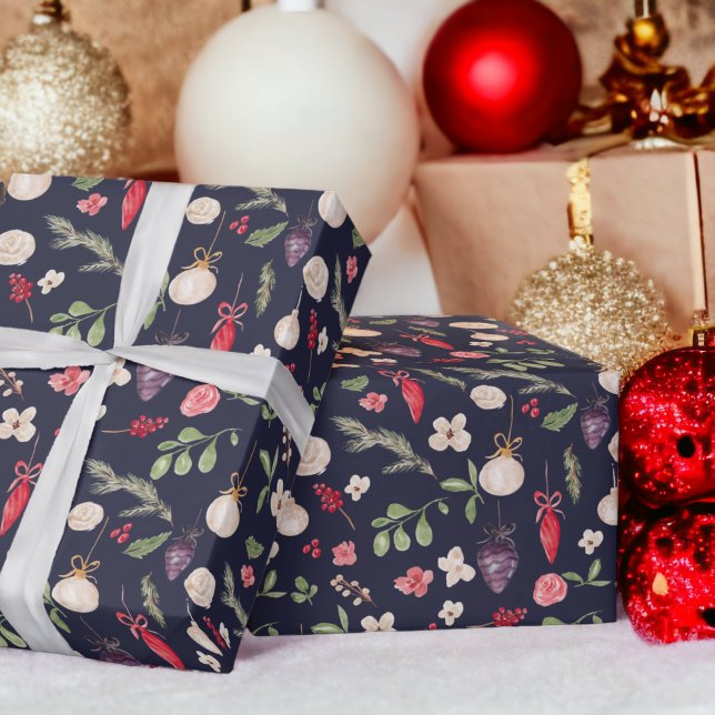 Papel De Presente Padrão de aquarela floral floral russo (Rustic Christmas floral bauble watercolor pattern Wrapping Paper on navy blue)