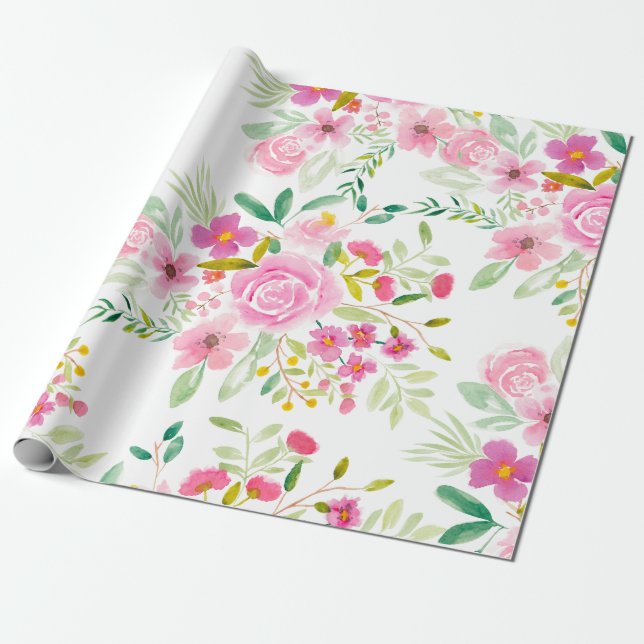 Papel De Presente Padrão de aquarela floral verde-rosa moderno (Desenrolado)