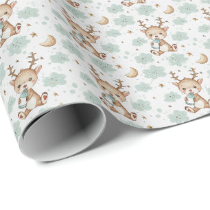 Papel De Presente Padrão de aquarela pastel de bebê fofo de rena