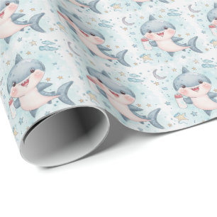 Papel De Presente Padrão de aquarela pastel de bebê fofo tubarão 