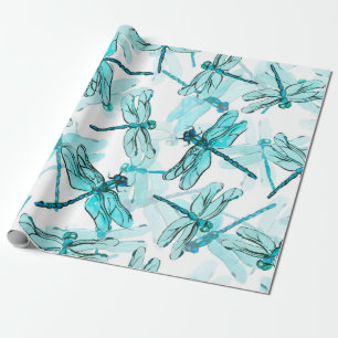 Papel De Presente Padrão de aquarela sem costura com libélula eleg
