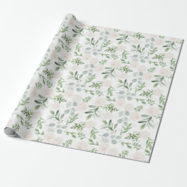 Papel De Presente Padrão de Aquarela Verde e Flores Brancas