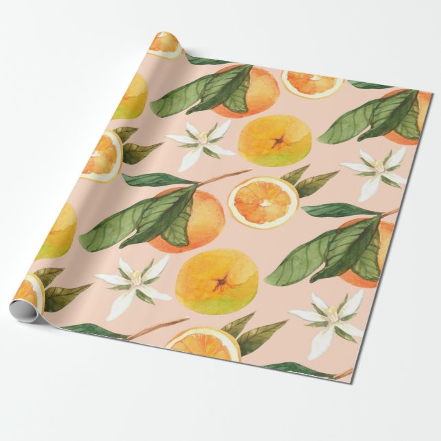 Papel De Presente Padrão de aquarelas sem costura com tangerinas (Desenrolado)