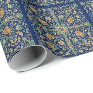Papel De Presente Padrão de Arabesco Floral Persa Azul Real
