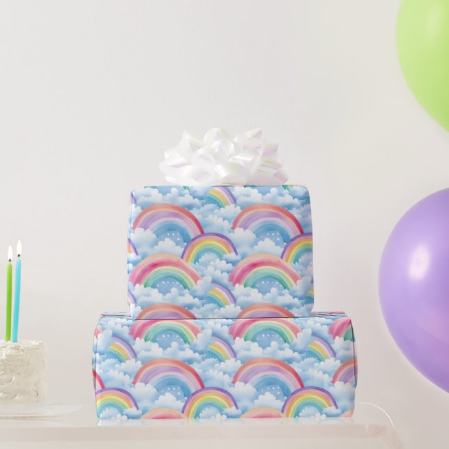 Papel De Presente Padrão de Arco-íris e Nuvens (Presentes para festas)