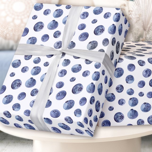 Papel De Presente Padrão de Aroma de Água Azul Branco (Watercolor Blueberry Pattern Blue White Wrapping Paper)