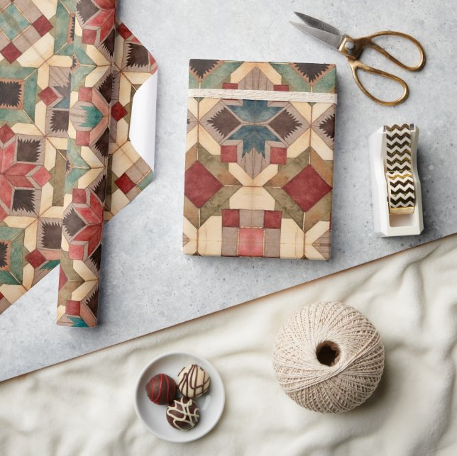Papel De Presente Padrão de Arte de Bloco de Colcha Geométrica Vinta (Artesanato)