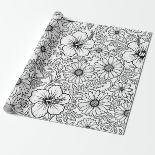 Papel De Presente Padrão de Arte de Linha Floral Preto e Branco Eleg