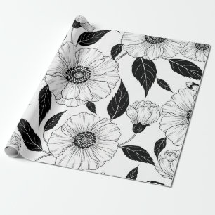 Papel De Presente Padrão de arte de linha floral preto e branco eleg