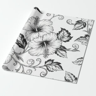 Papel De Presente Padrão de Arte de Linha Floral Preto e Branco Eleg