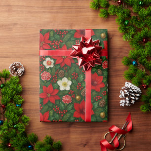 Papel De Presente Padrão de Arte Floral Botânica Elegante de Poinset