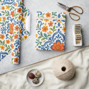 Papel De Presente Padrão de Arte Floral Clássica Mediterrânica