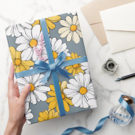 Papel De Presente Padrão de Arte Floral Margaridas Brancas Amarelas 
