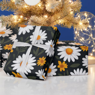 Papel De Presente Padrão de Arte Floral Margaridas Brancas Amarelas
