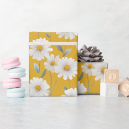 Papel De Presente Padrão de Arte Floral Margaridas Brancas Amarelas 