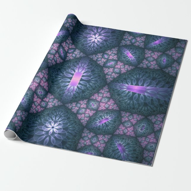 Papel De Presente Padrão de Arte Fractal 3D Turquesa Rosa Roxo (Desenrolado)