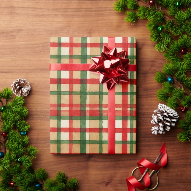 Papel De Presente Padrão de Arte Xadrez Aquarela Verde Vermelho Eleg (Presente de Natal)