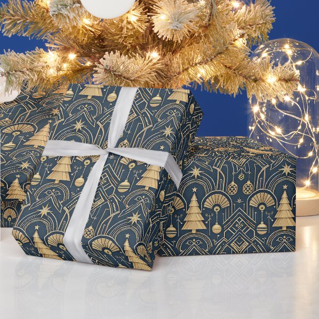 Papel De Presente Padrão de árvore de Natal Art Déco azul marinho (Feriados)