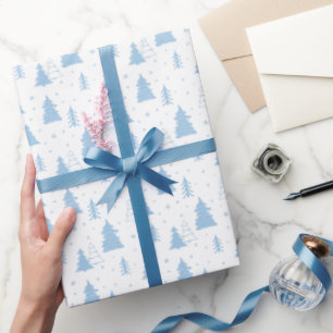 Papel De Presente Padrão de Árvore de Natal Azul e Branco