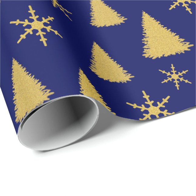 Papel De Presente Padrão de Árvore de Natal Azul-Escuro e Dourado br (Ponta do rolo)