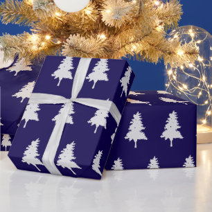 Papel De Presente Padrão de árvore de Natal branca azul escuro Féria
