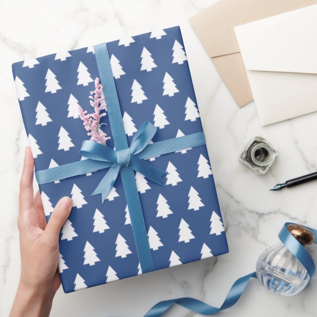 Papel De Presente Padrão de Árvore de Natal Branco Azul Clássico (Presentear)