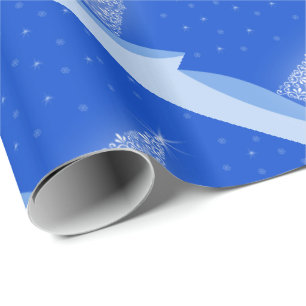 Papel De Presente Padrão de Árvore de Natal Branco Azul com Estrelas